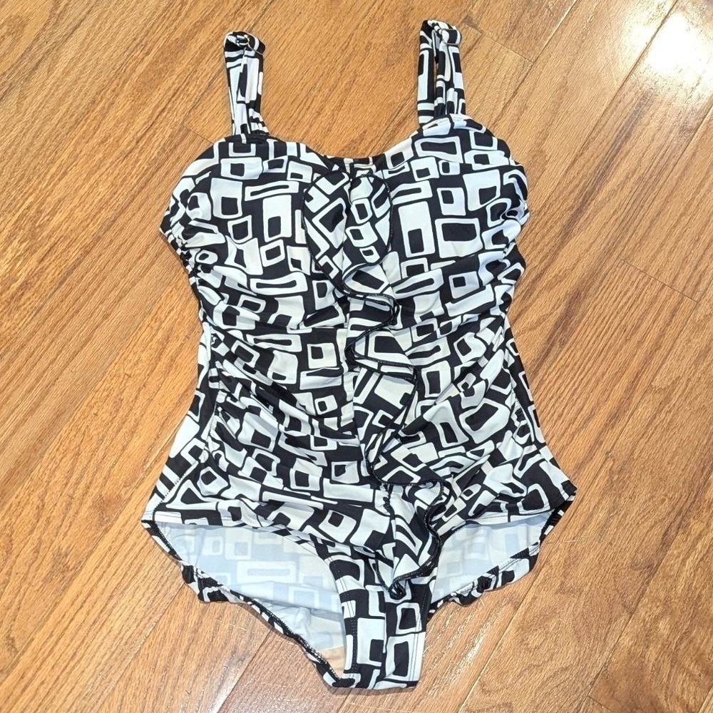 Retro Mod Geometric One Piece Swimsuit Ceeb Black White Size 12